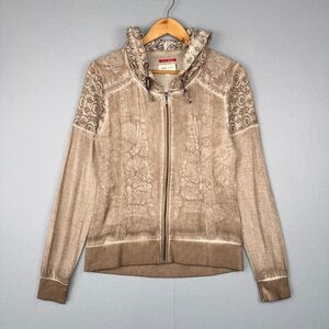 VINTAGE ROCKFORD Lace Trim Hoodie M Washed Brown Embroidered Romantic Casual Y2K